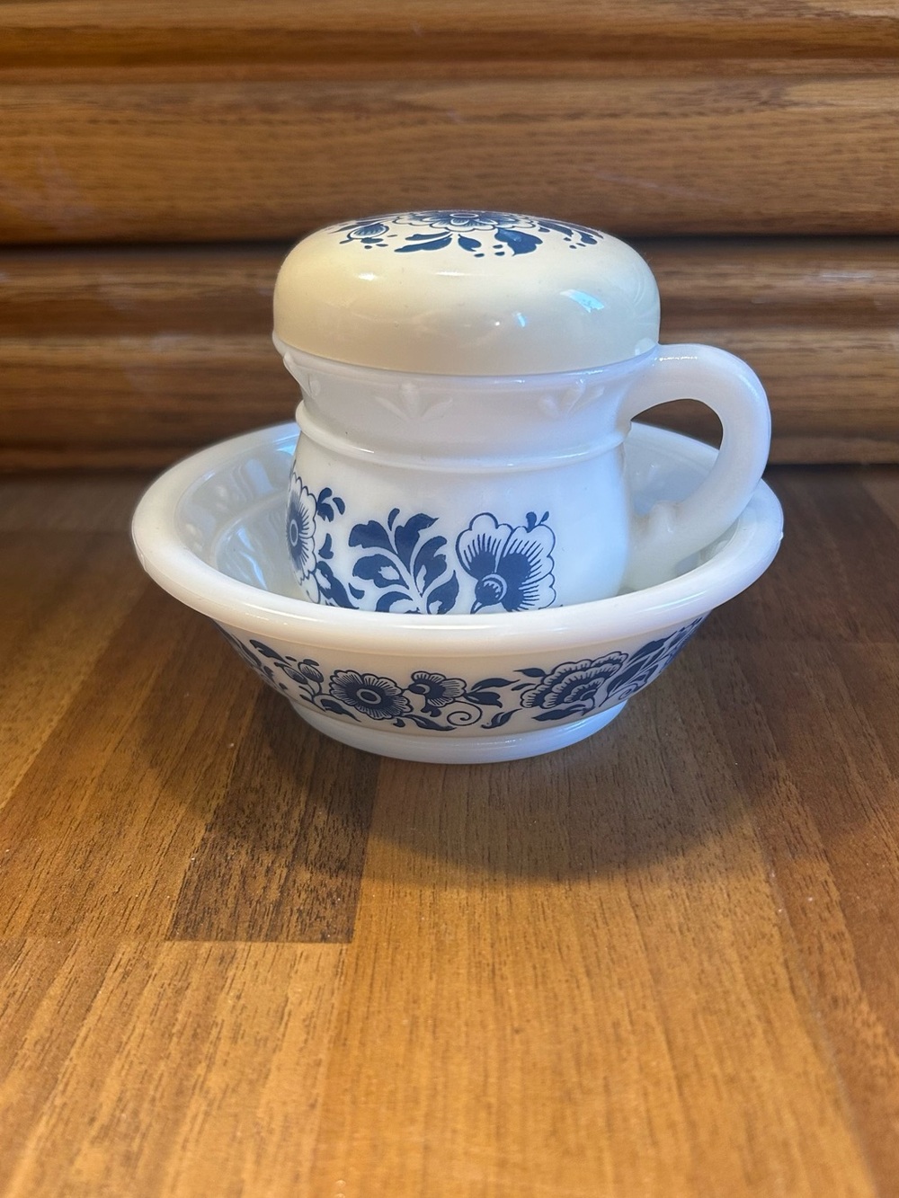 Vintage Avon Blue Floral Milk Glass Shaving Set